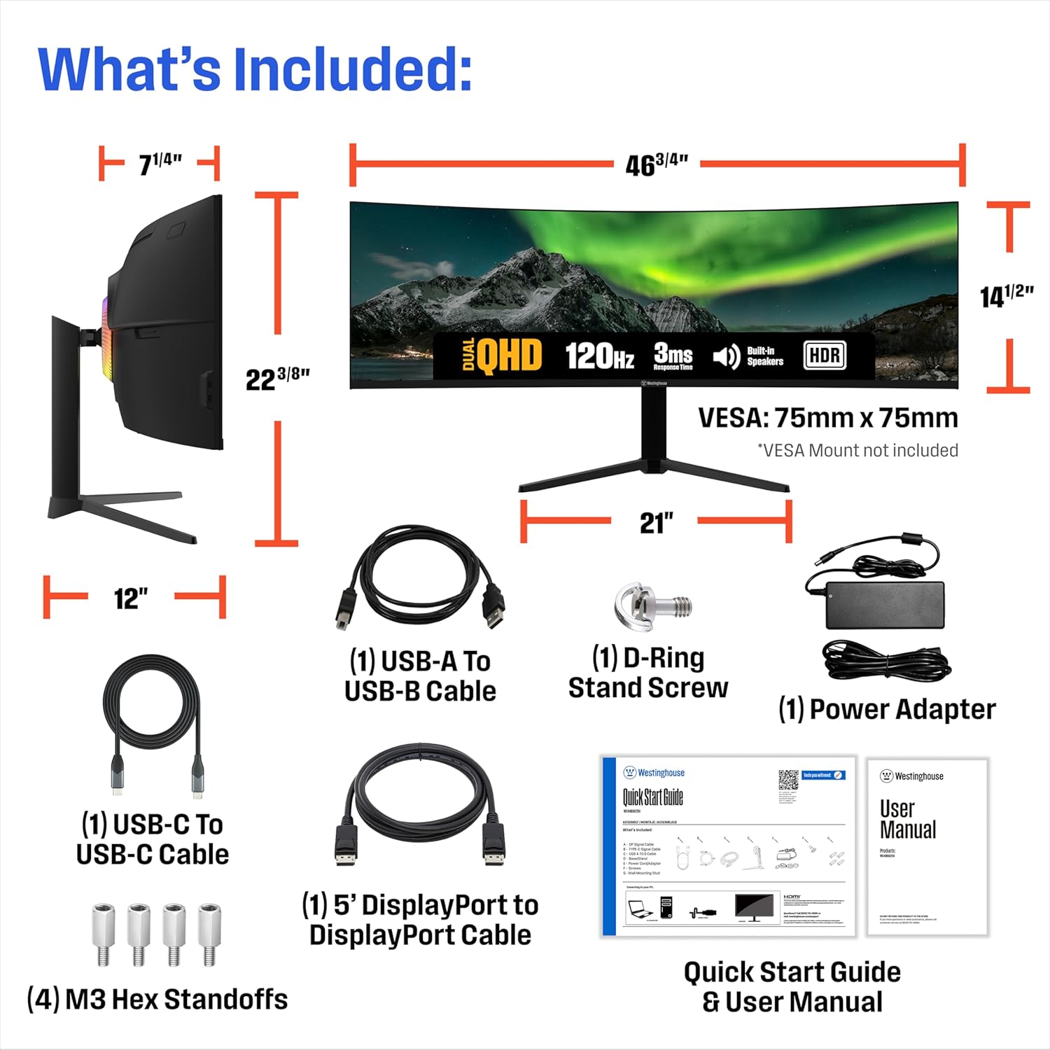 Westinghouse 49 Inch Curved Gaming Monitor, UWDQHD(5120 x 1440P), 3000:1 Contrast Ratio, 124% sRGB, 120Hz, 1800R, AMD FreeSync, Eyecare, Built-in Speakers, Tilt/Height/Swivel, HDMI, DisplayPort, USB-C